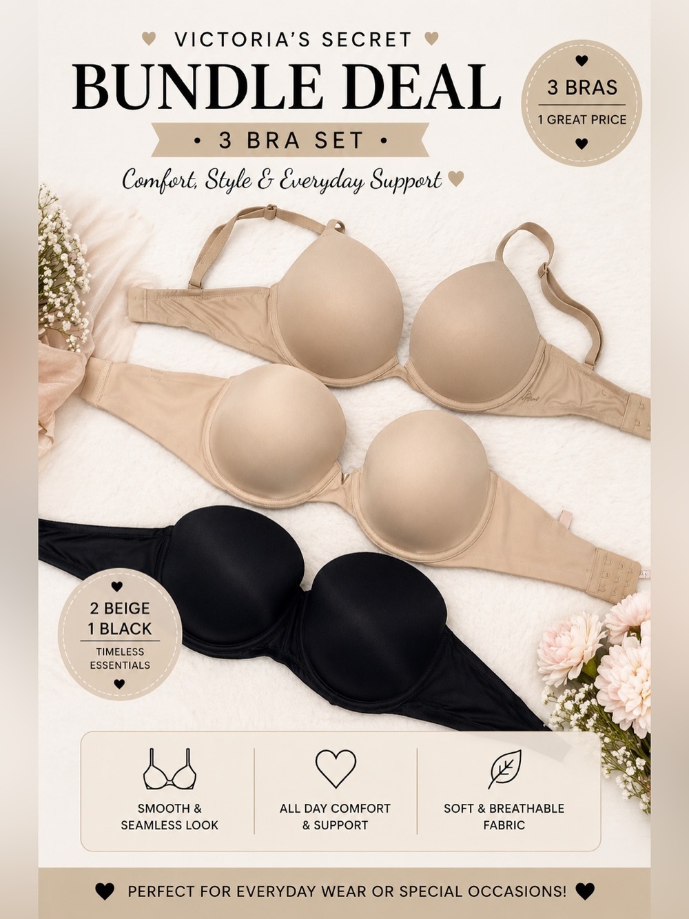 Bundle Deal* Victoria's Secret Beige and Black Bra Trio
